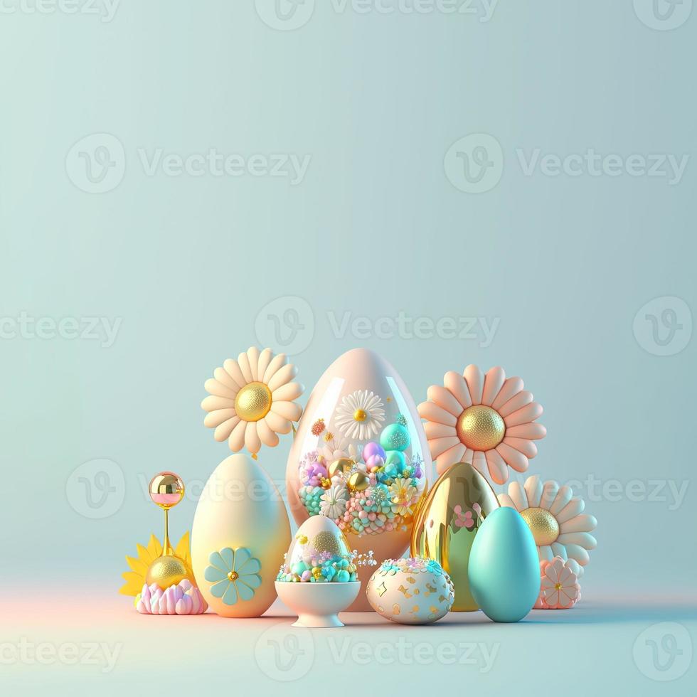 Digital 3D Illustration of Glossy Eggs and Flowers for Easter Greeting Card Background photo
