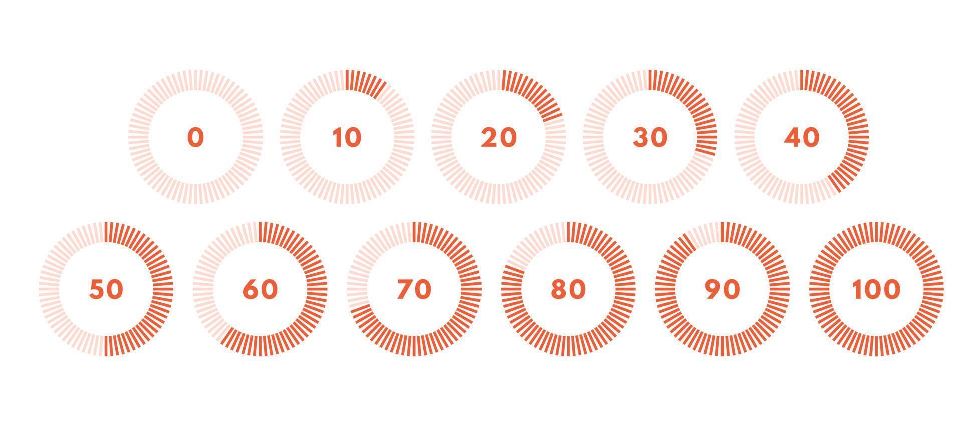 Set of circular progress bar. Timer icon with ten percent interval. Download display. Vector illustration