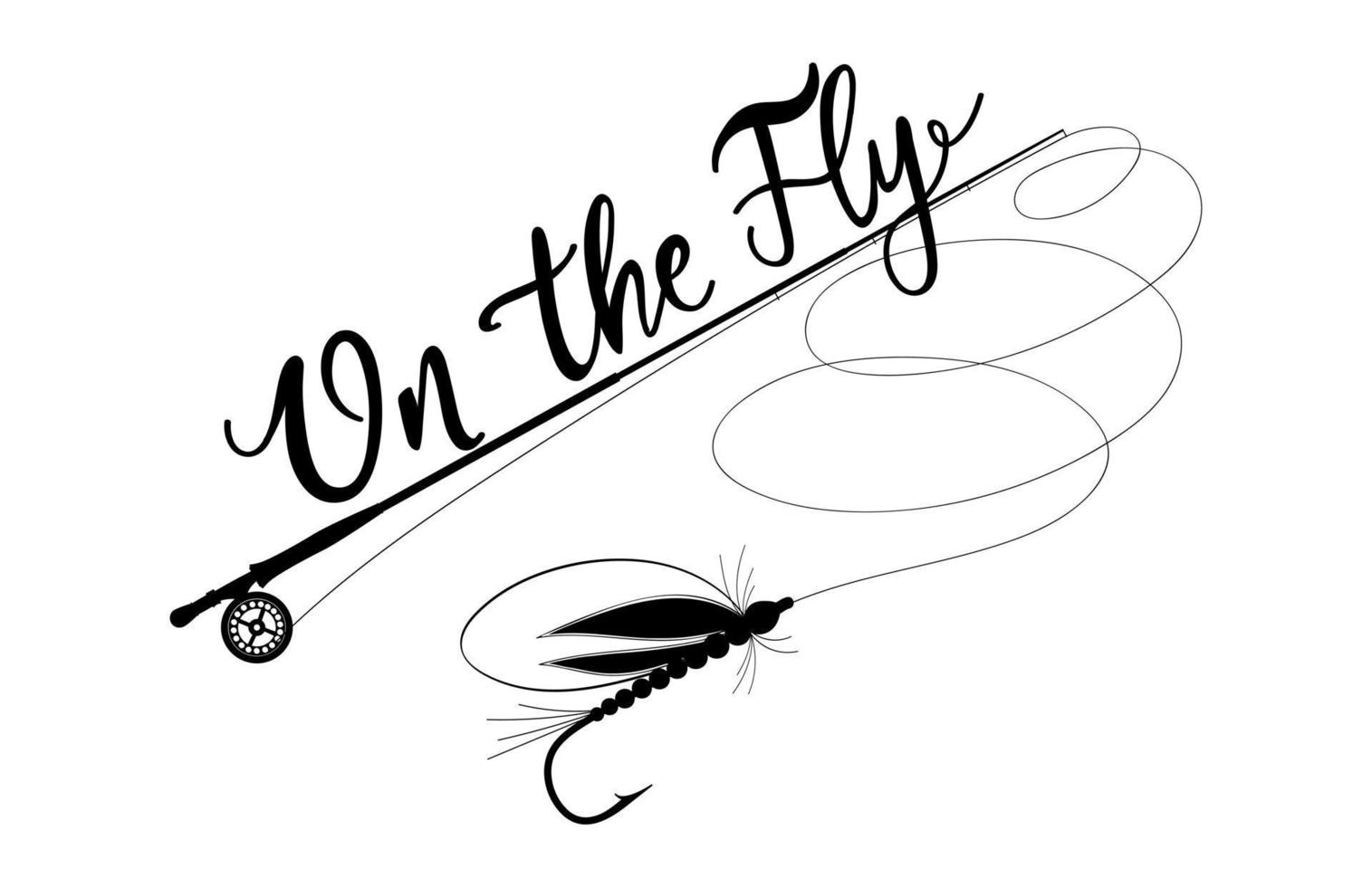 On the fly. Fishing rod with fly fishing lure. Hand drawn vector