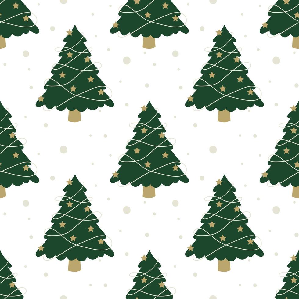 Christmas tree seamless vector patterns. Forest background. Green trees with holiday decorations and snow. Winter festival background.