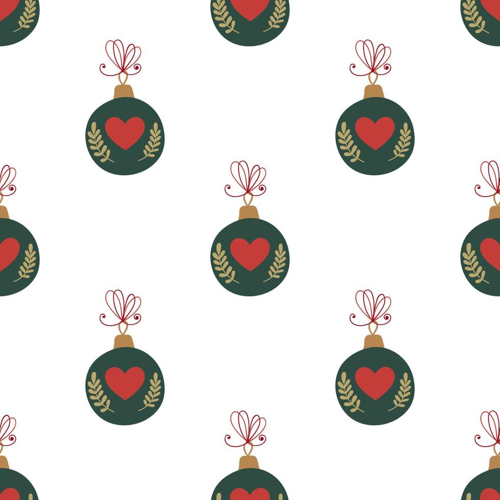 Christmas tree toys. Cute green balls with red hearts and golden branches. Winter festival seamless pattern. vector