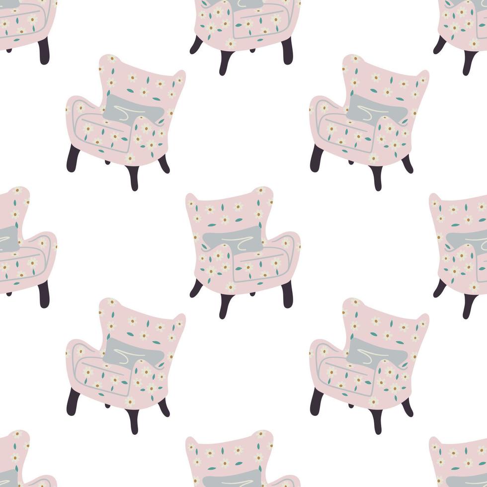 Pink armchair with a pillow. Cute and cozy seamless pattern. vector