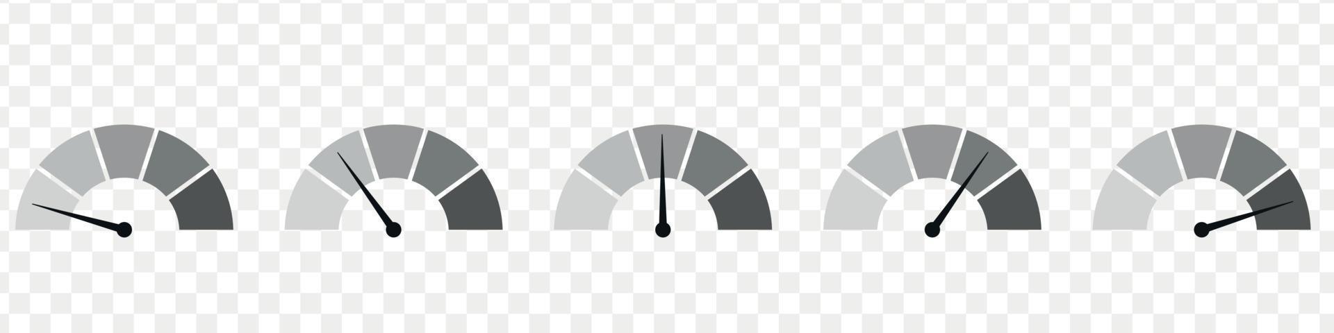 Monochrome scale meter with low, high and medium bar. Level risk graph or control quality. Vector isolated illustration
