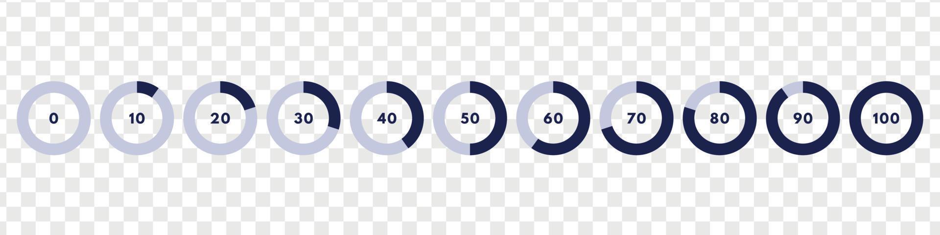 Set of blue circular progress bar. Timer icon with ten percent interval. Download display. Vector illustration