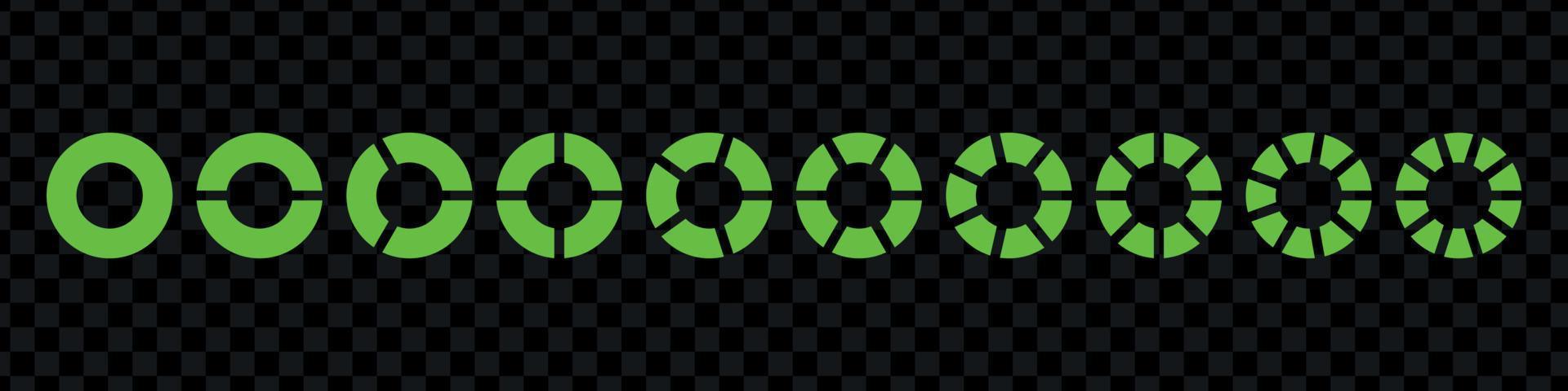 Fractions pie divided for math. Green circle pie with pieces. Segment slice set. Simple geometry. Vector isolated illustration