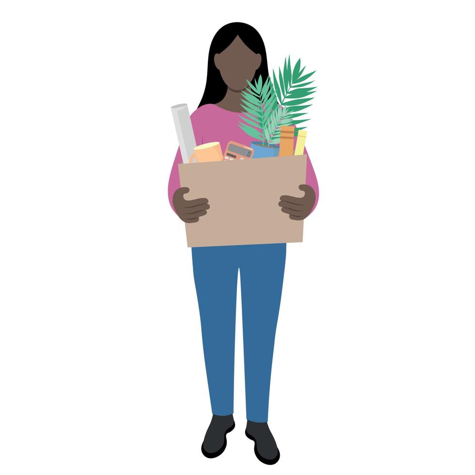 retrato de una chica negra en pleno crecimiento con una gran caja en las manos, una caja con pertenencias personales, vector plano, aislada en blanco, ilustración sin rostro, despido del trabajo