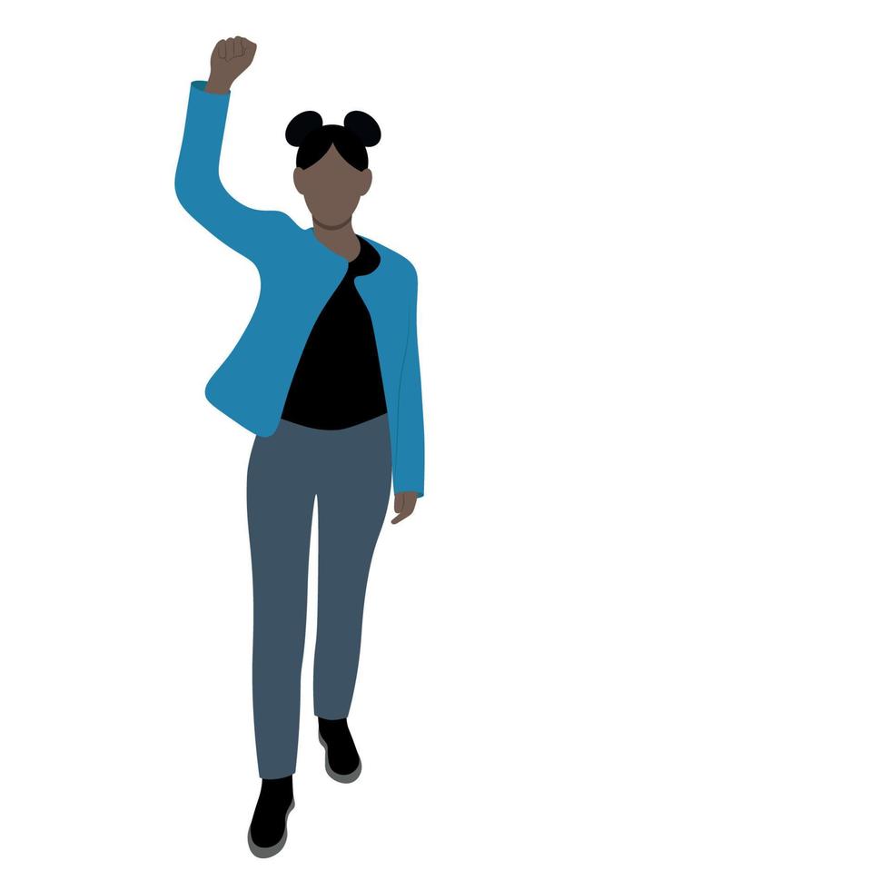 una chica negra con una chaqueta parada con la mano levantada, vector plano, aislada en blanco, protesta, ilustración sin rostro