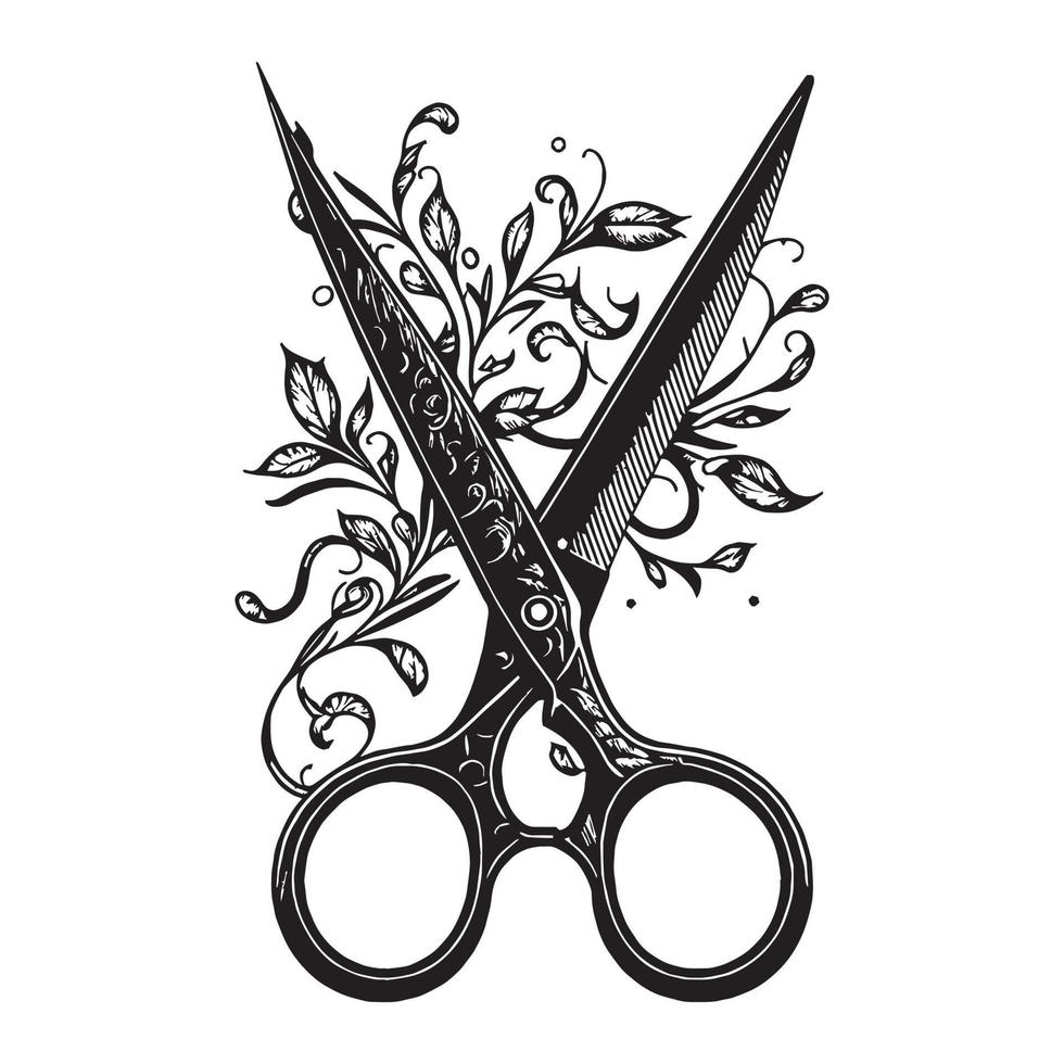 Old Scissors with Flower Black Outline Silhouette in Hand Drawing Sketch Style Vector