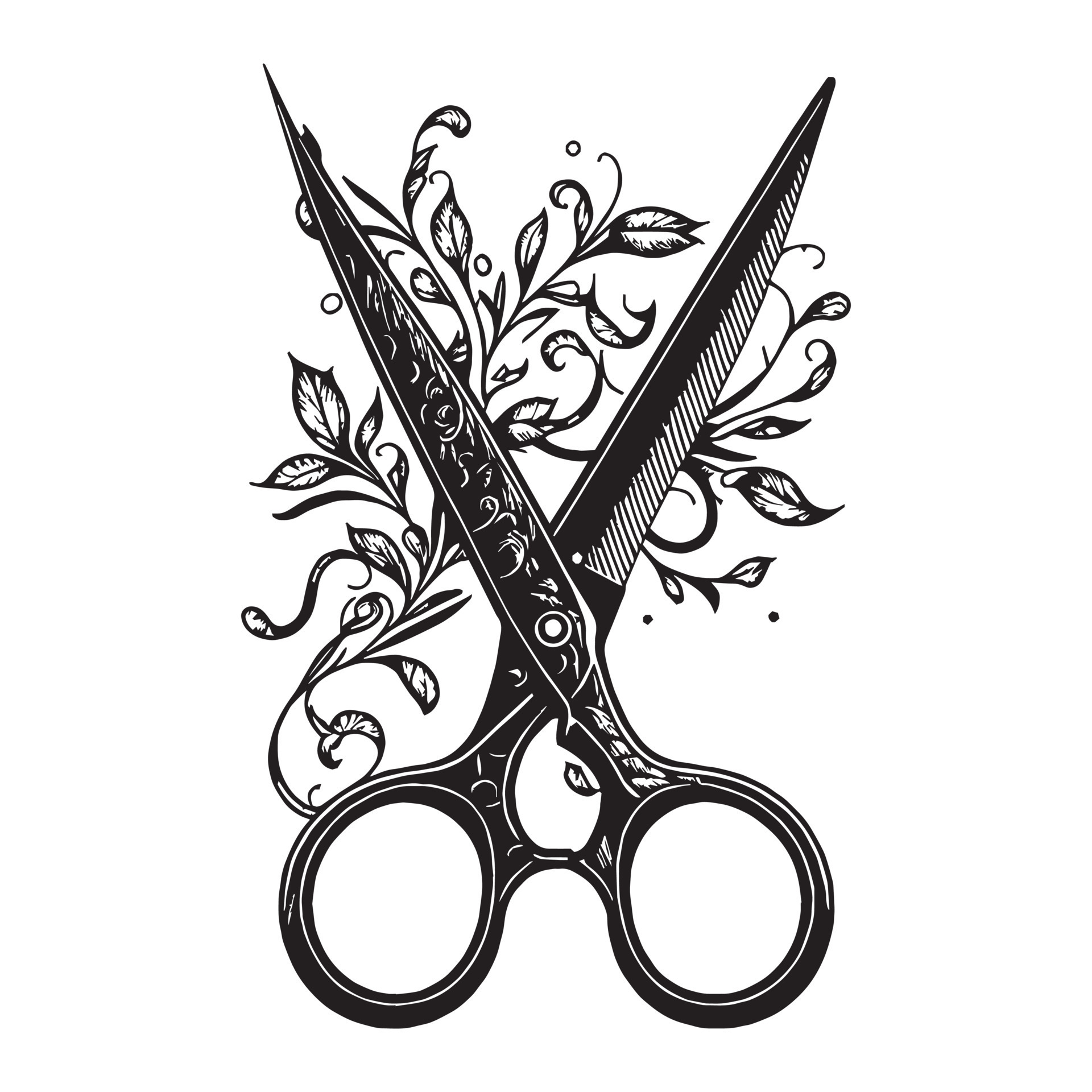 Old Scissors with Flower Black Outline Silhouette in Hand Drawing