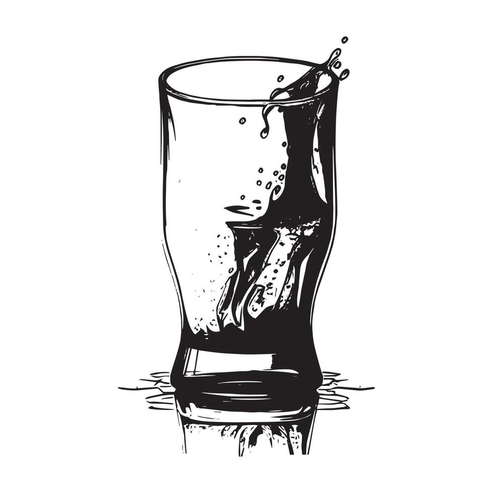 Glass with Water Black Outline Silhouette in Hand Drawing Sketch Style Vector