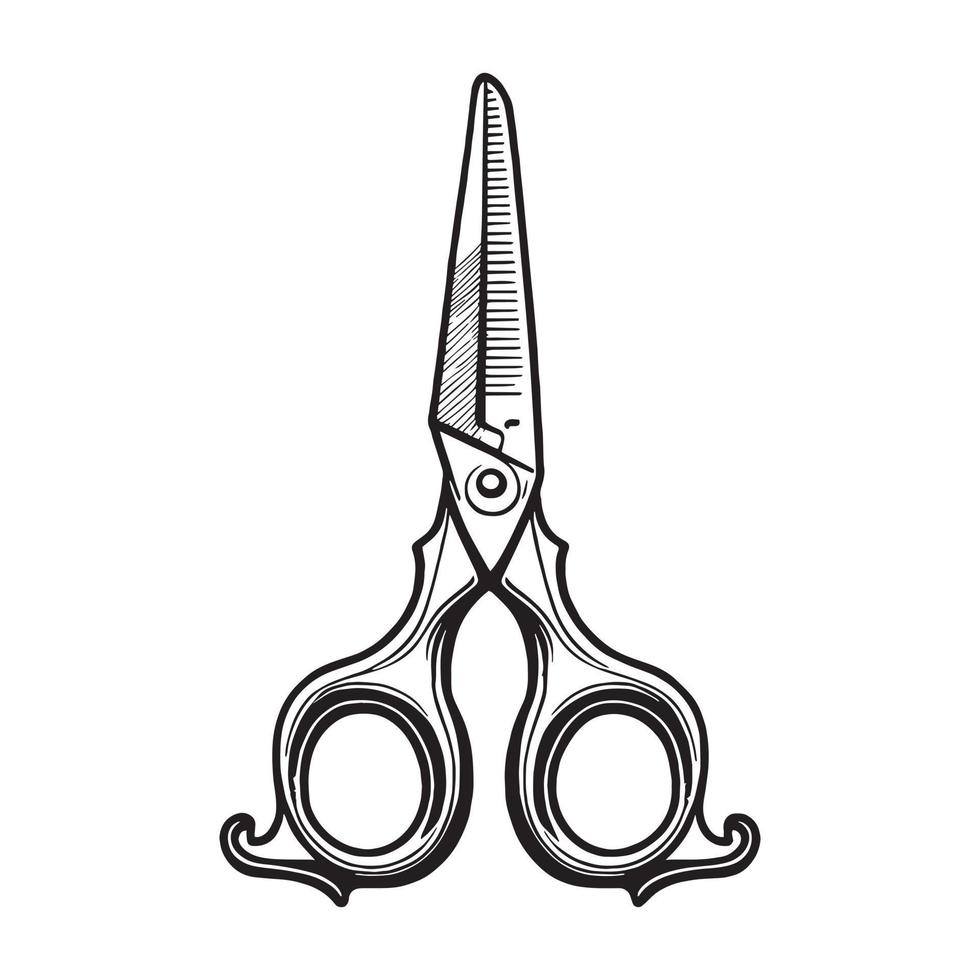 Old Scissors Black Outline Silhouette in Hand Drawing Sketch Style Vector