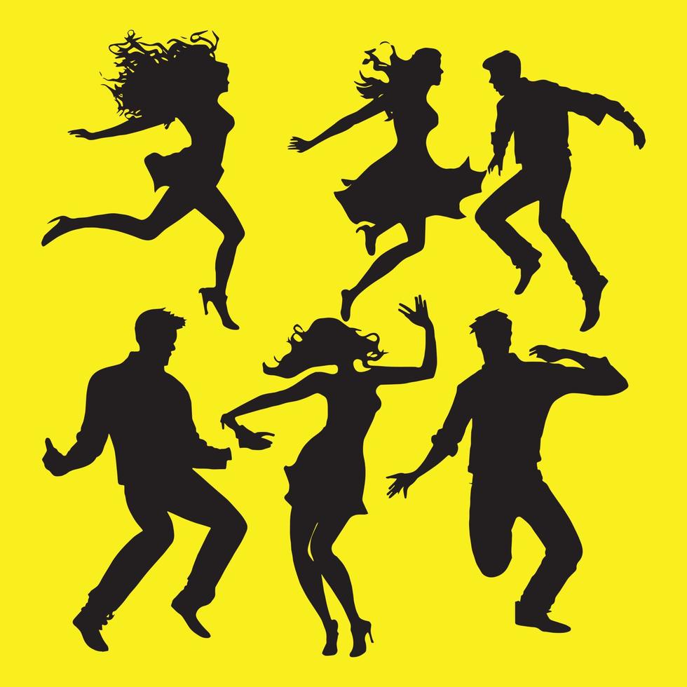 siluetas de personas bailando ilustración vectorial del grupo. hombre y mujer bailando, conjunto de silueta de pareja vector