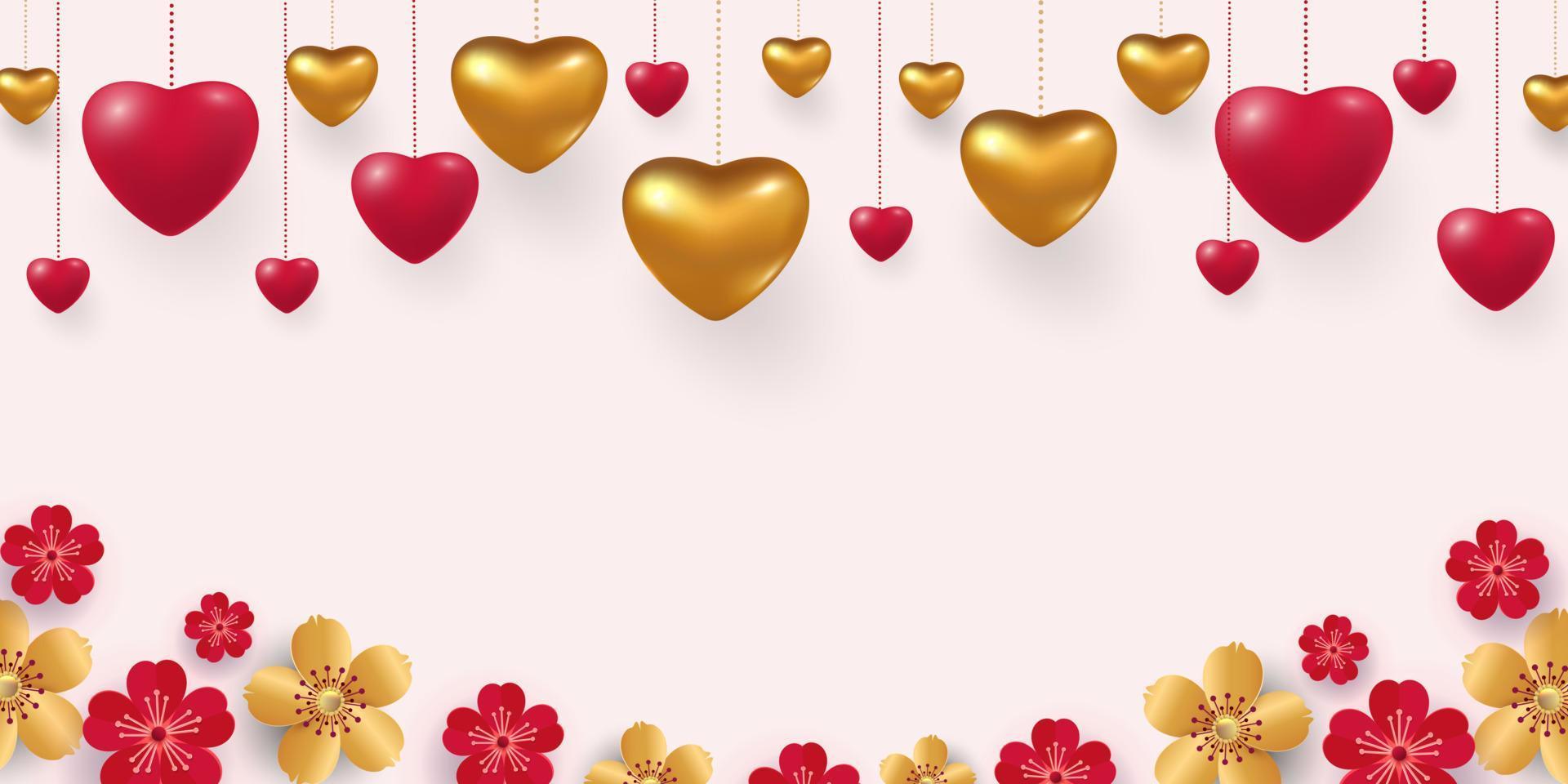 3d metallic gold and red hearts on a bright red background. Decorative love concept for valentines day or wedding. Sale banner. Place for your text. Vector