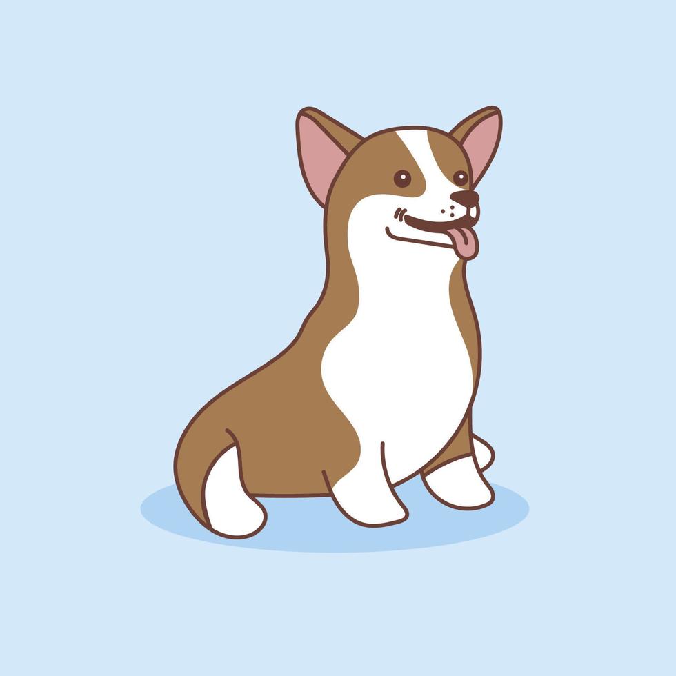Corgi is sitting with his tongue hanging out, side view. Vector illustration of a pet in cartoon style. Isolated illustration of a dog on a blue background.