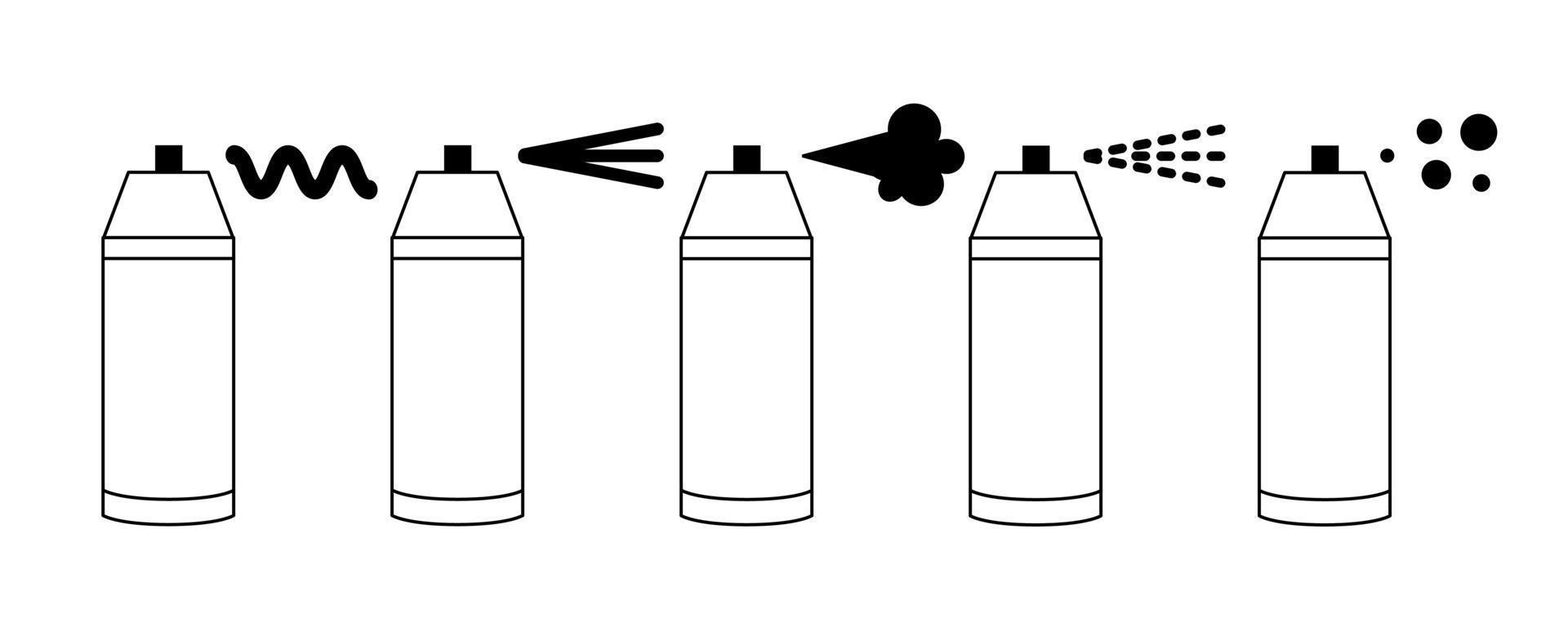 Spray paint icons set. Linear drawing of aerosol. Vector illustration. Samples of paint. Outline icon of spray can.