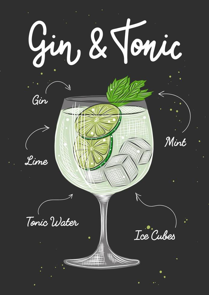 Vector engraved style Gin and Tonic cocktail illustration for posters, decoration, logo, menu and print. Hand drawn sketch with lettering and recipe, beverage ingredients. Detailed colorful drawing.