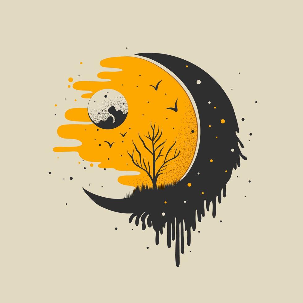 media luna, luna joven, luna llena, árbol, imágenes prediseñadas de pájaros en estilo moderno de dibujos animados planos, icono redondo. ilustración vectorial dibujada a mano, diseño gráfico decorativo, placa de viaje vector