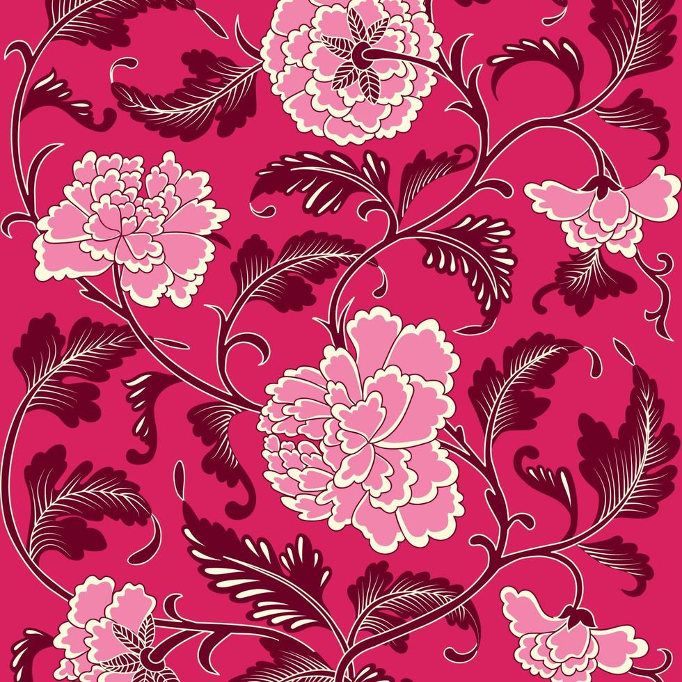 Ornamental magenta pink colored antique floral vintage pattern with peony flowers. Hand drawn organic background. Asian texture for printing on packaging, textiles, paper, covers, manufacturing vector