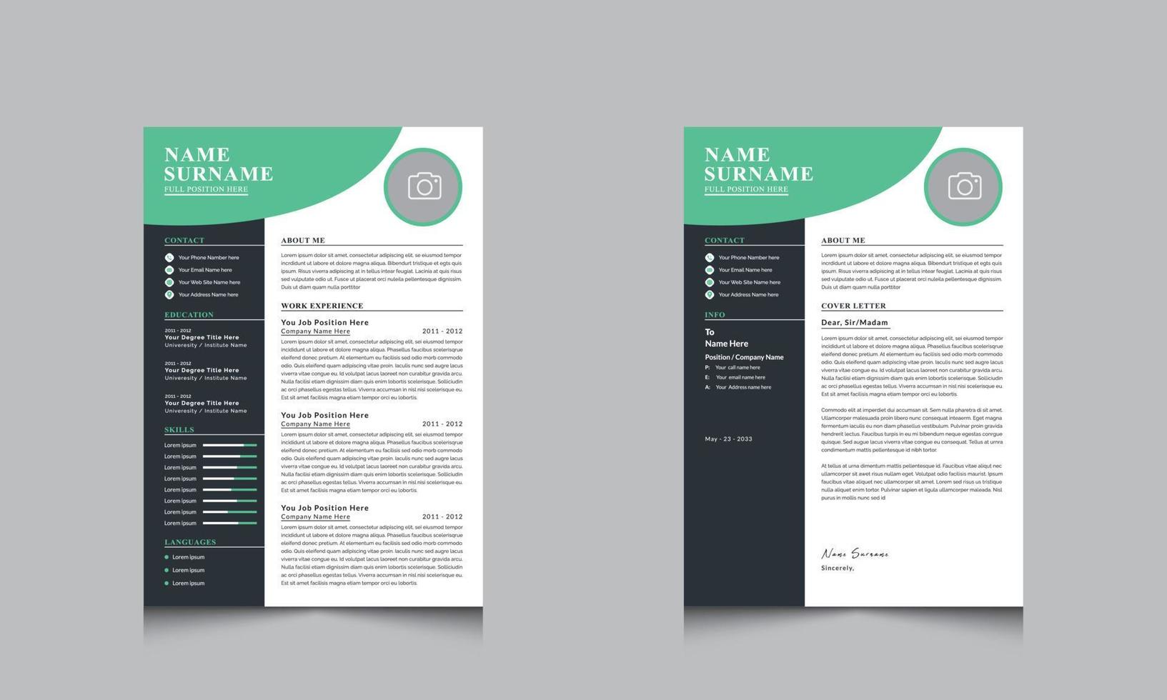 Resume Layout with and Cover Letter Layout Vector Design Template for Business Job Applications
