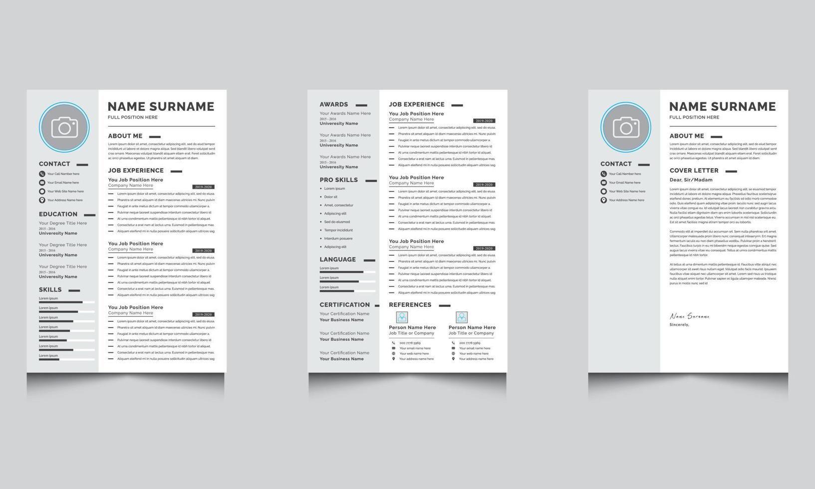 Professional Resume Layout Cv Template with Cover Letter Gray Sidebar vector