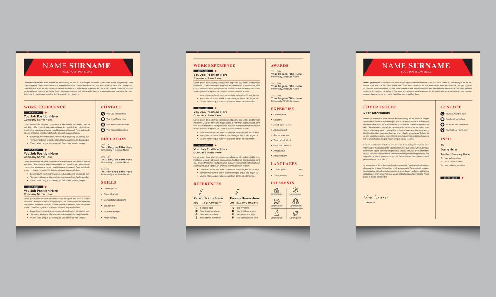 Red resume template CV Layout Vector Template for Business Job Applications