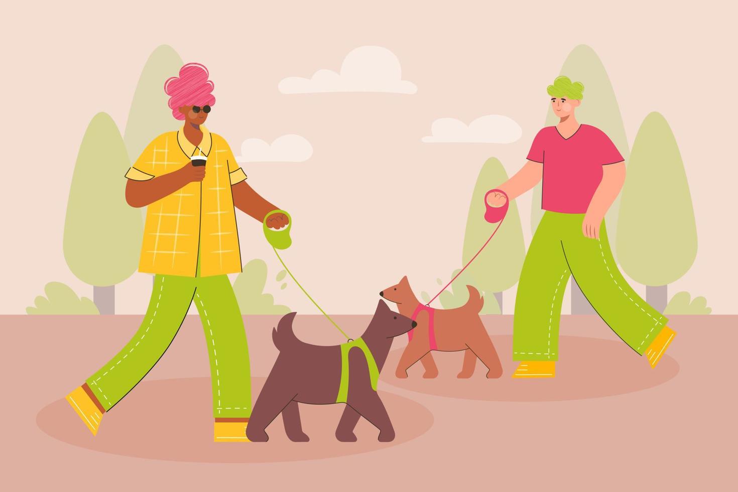 gente feliz caminando con perro en el parque. pasea a tu perro mes. actividad al aire libre con mascota. ilustración vectorial de moda en estilo plano. vector