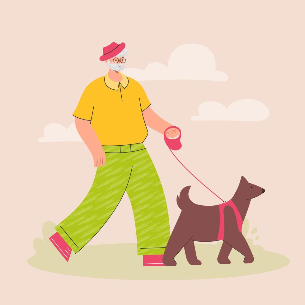 Happy  elderly man  walking with dog in park. Walk Your Dog Month.  Outdoor activity with pet. Trendy vector illustration in flat style.