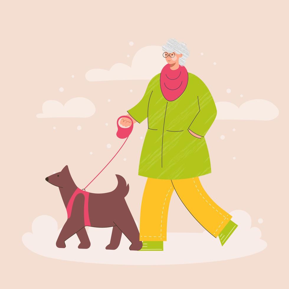 Happy  elderly woman  walking with dog in cold winter park. Walk Your Dog Month.  Outdoor activity with pet. Trendy vector illustration in flat style.