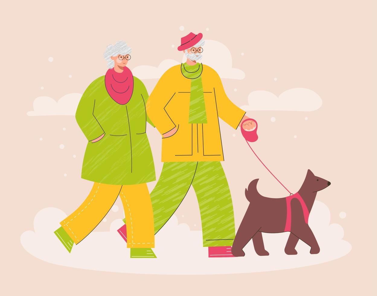 Happy elderly couple walking with dog in cold winter park. Walk Your