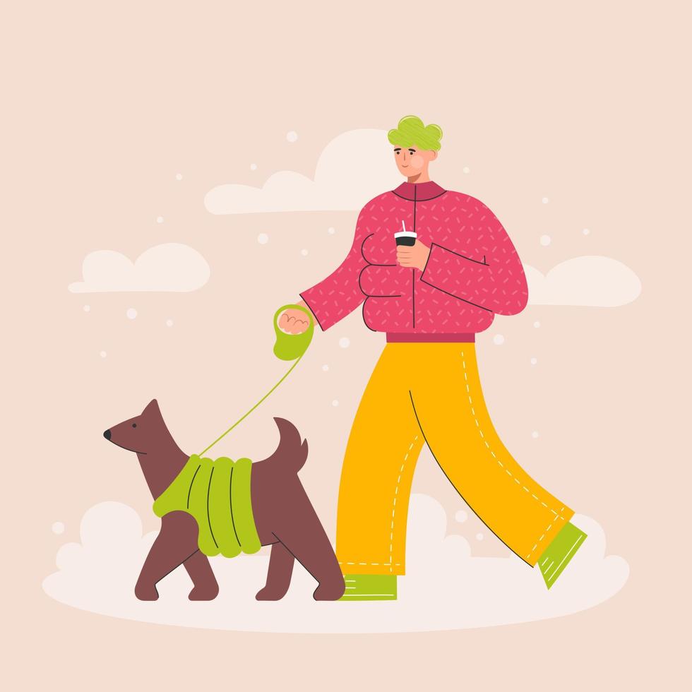 Happy man  walking with dog in cold winter park. Walk Your Dog Month.  Outdoor activity with pet. Trendy vector illustration in flat style.