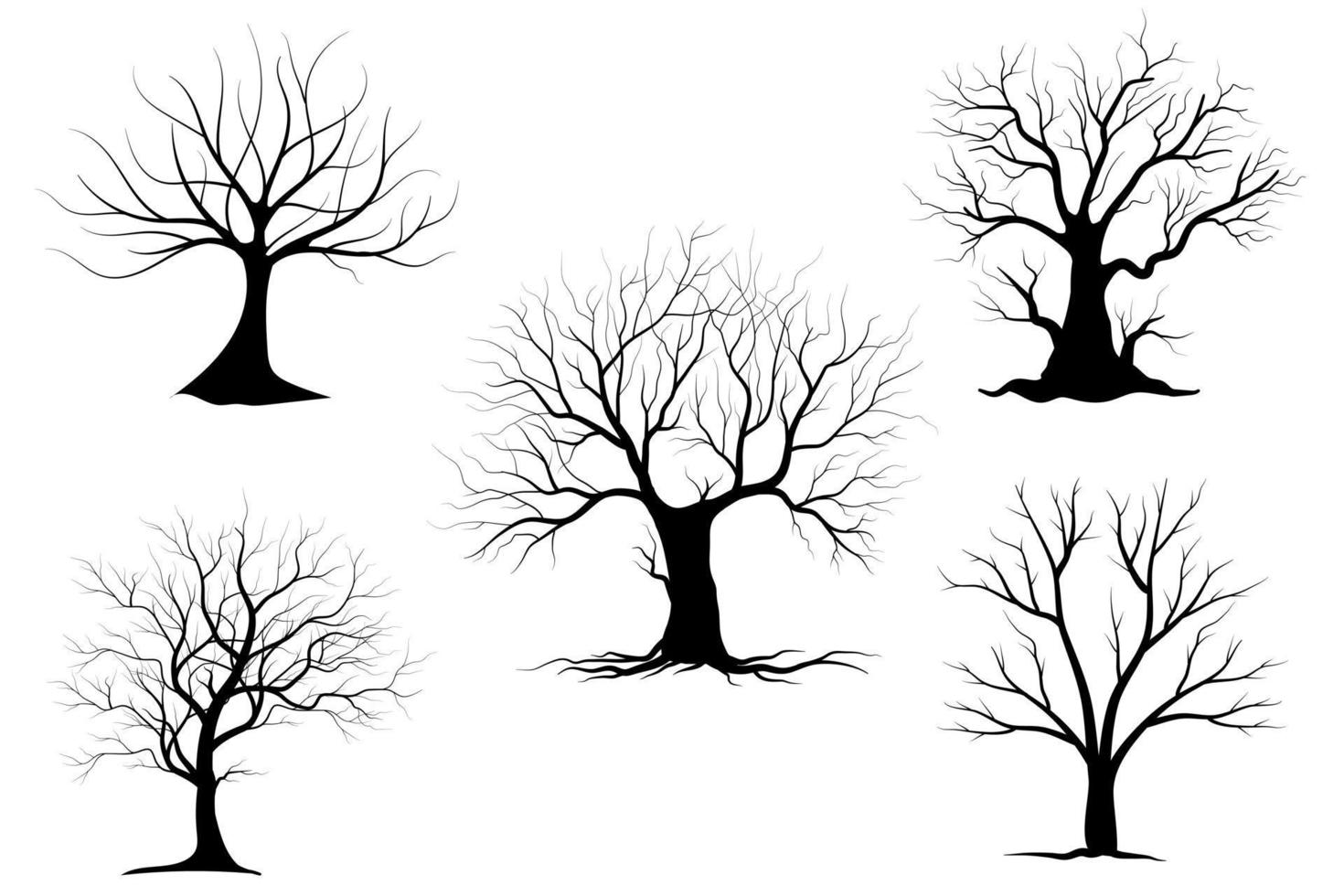 conjunto de siluetas de árbol de rama negra o árboles desnudos. ilustraciones aisladas dibujadas a mano. vector