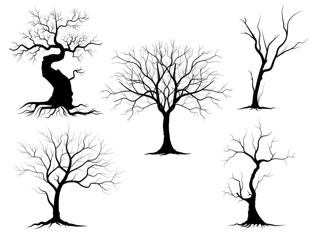 conjunto de siluetas de árbol de rama negra o árboles desnudos. ilustraciones aisladas dibujadas a mano. vector