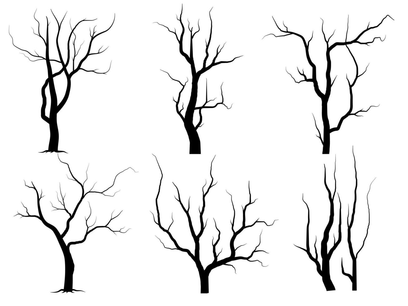 conjunto de siluetas de árbol de rama negra o árboles desnudos. ilustraciones aisladas dibujadas a mano. vector