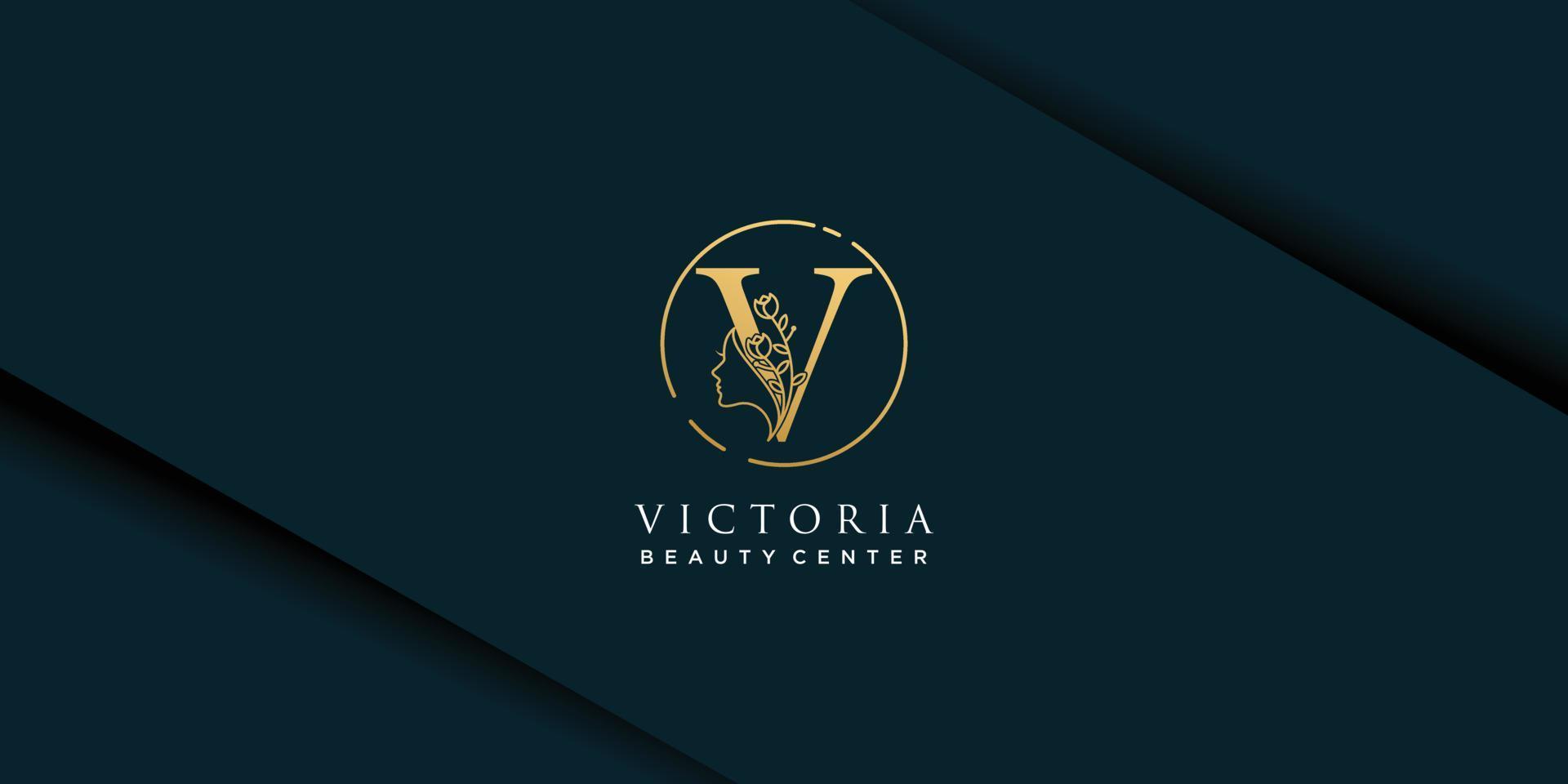 logotipo de cara de belleza de mujer con monograma letra v plantilla de diseño de gradiente de oro vector