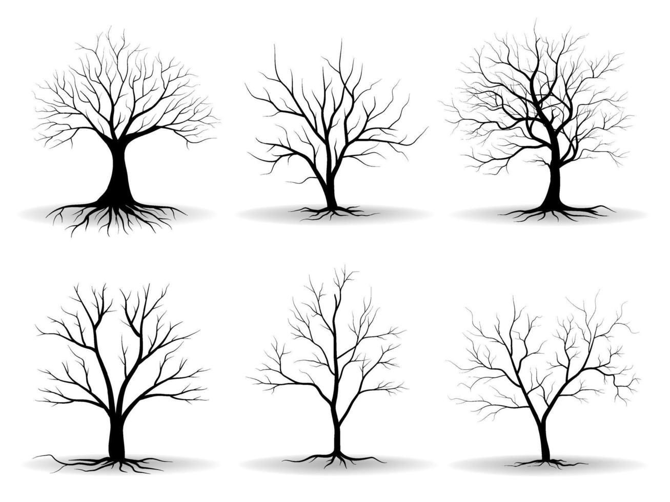 conjunto de siluetas de árbol de rama negra o árboles desnudos. ilustraciones aisladas dibujadas a mano. vector