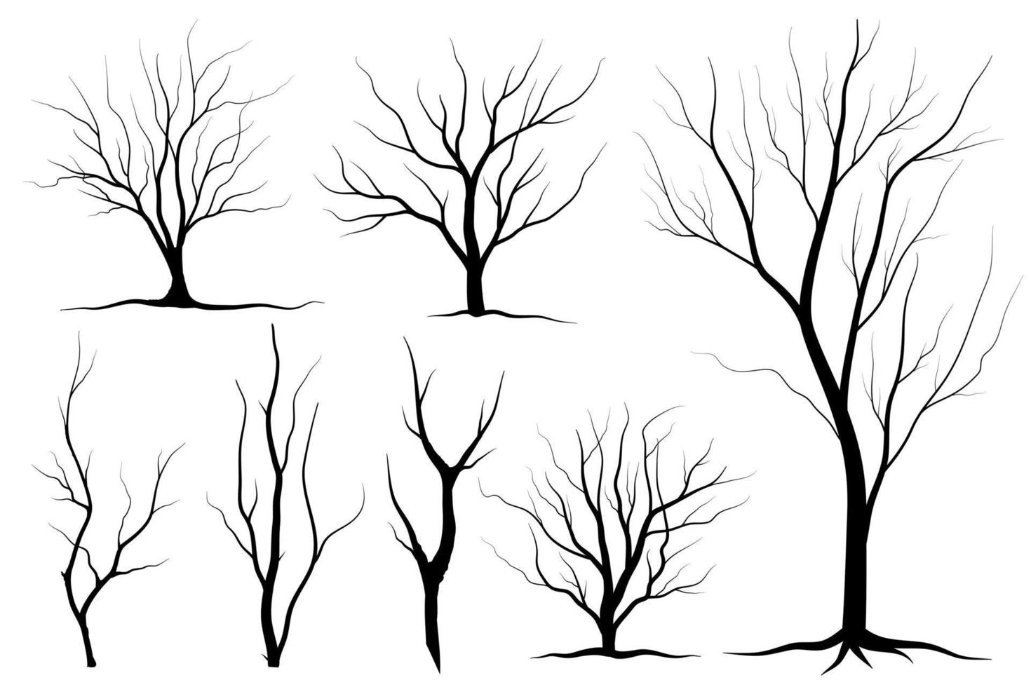 conjunto de siluetas de árbol de rama negra o árboles desnudos. ilustraciones aisladas dibujadas a mano. vector