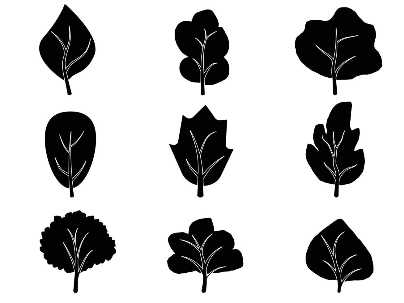 conjunto de siluetas de árbol de rama negra o árboles desnudos. ilustraciones aisladas dibujadas a mano. vector