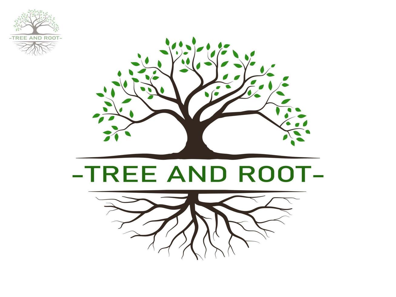 los árboles con hojas verdes se ven hermosos y refrescantes. estilo de logotipo de árbol y raíces. vector