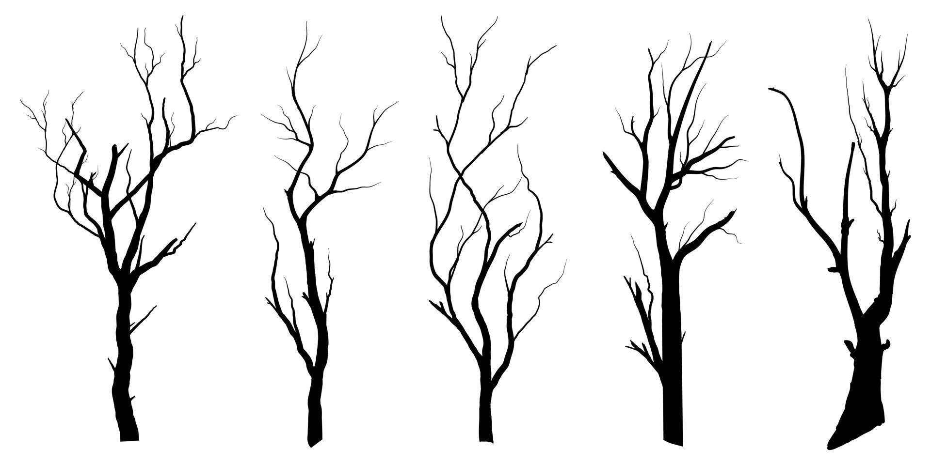 conjunto de siluetas de árbol de rama negra o árboles desnudos. ilustraciones aisladas dibujadas a mano. vector