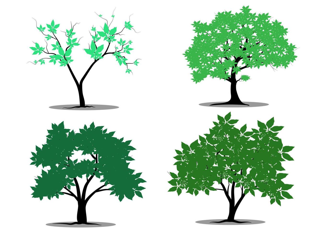 Green Branch Tree or Naked trees silhouettes set. Hand drawn isolated illustrations. vector