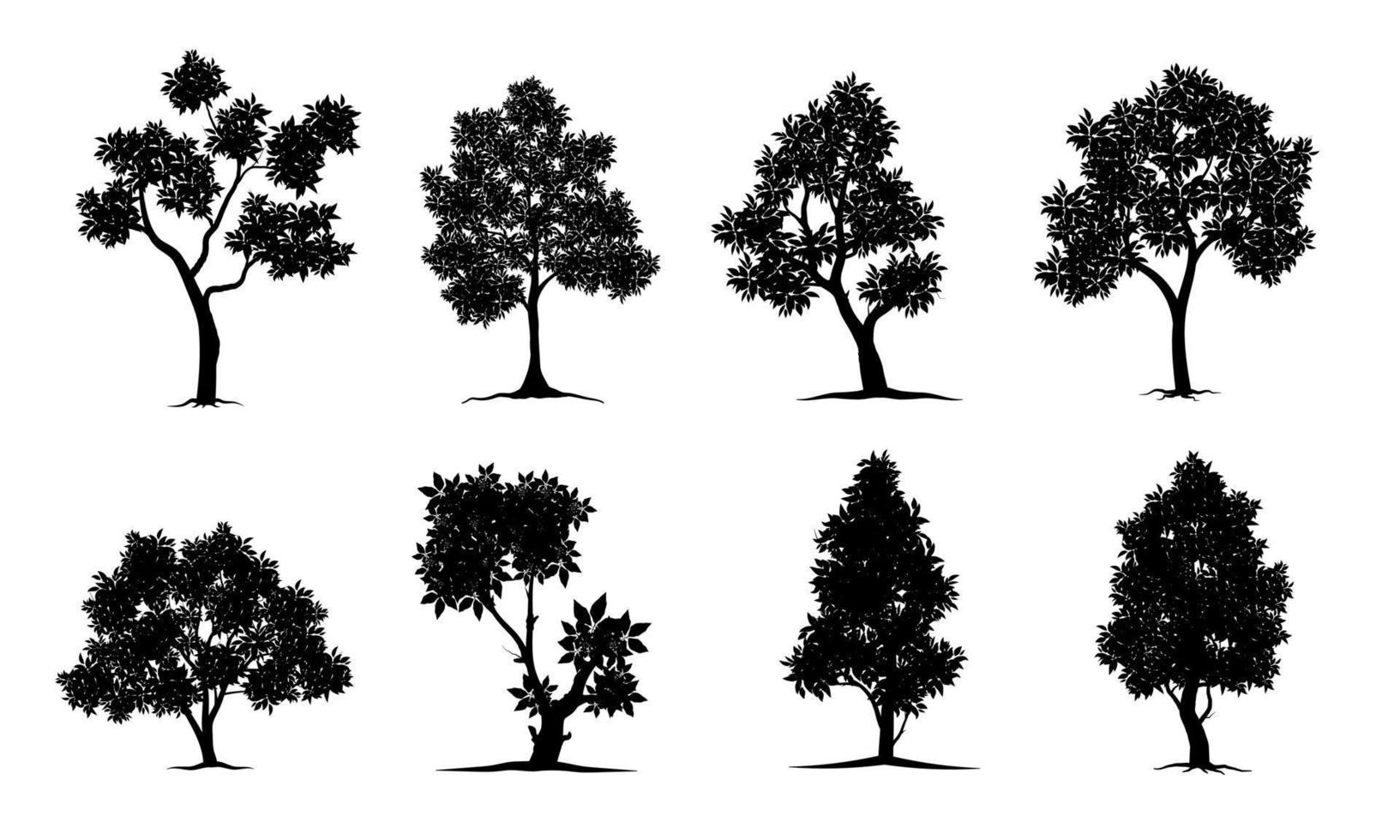 conjunto de siluetas de árbol de rama negra o árboles desnudos. ilustraciones aisladas dibujadas a mano. vector