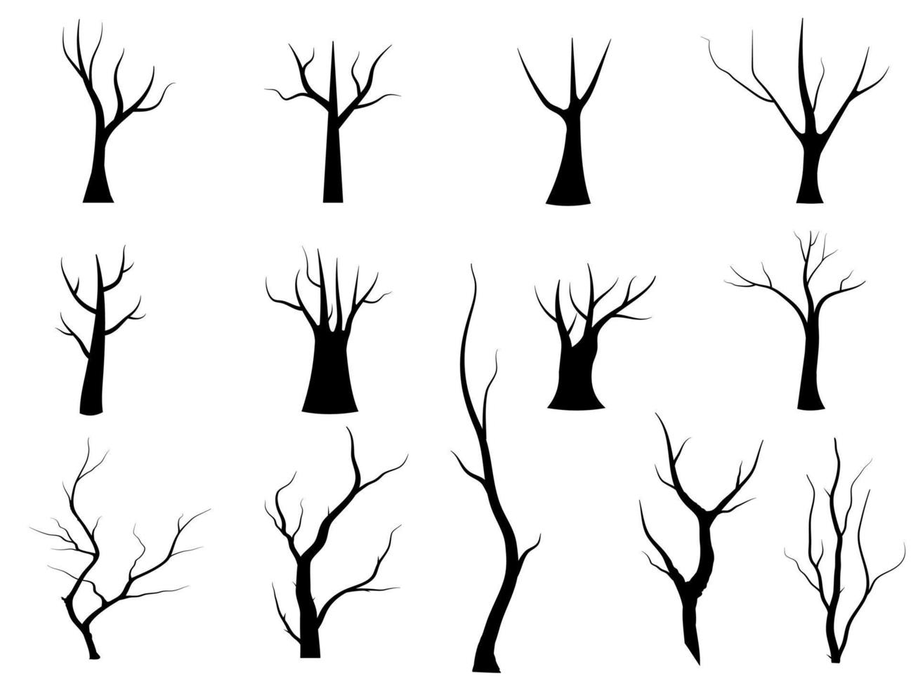 silueta de árbol de rama negra aislada sobre fondo blanco, vector dibujado a mano.