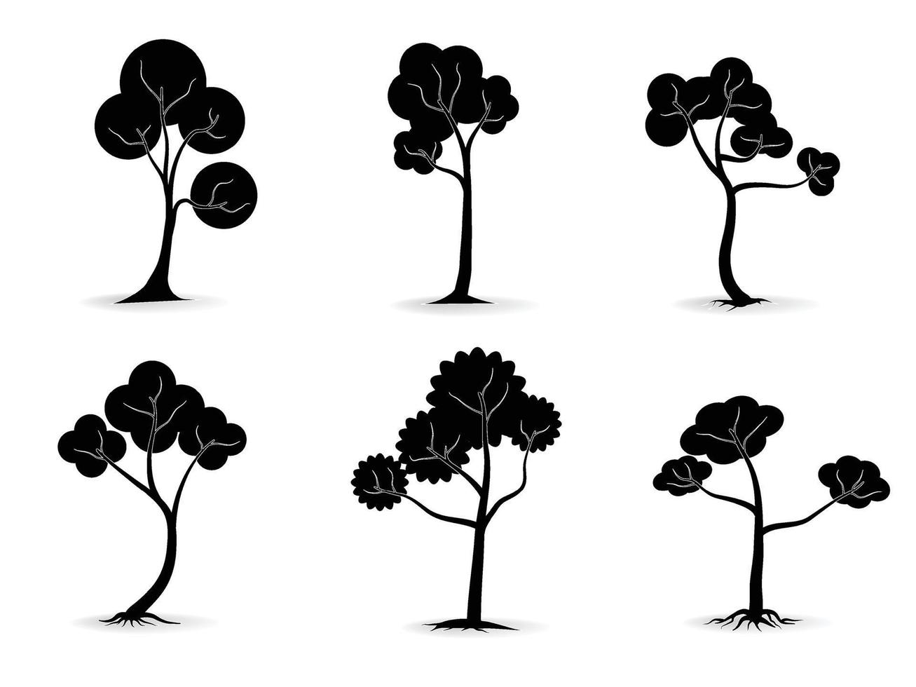 conjunto de siluetas de árbol de rama negra o árboles desnudos. ilustraciones aisladas dibujadas a mano. vector