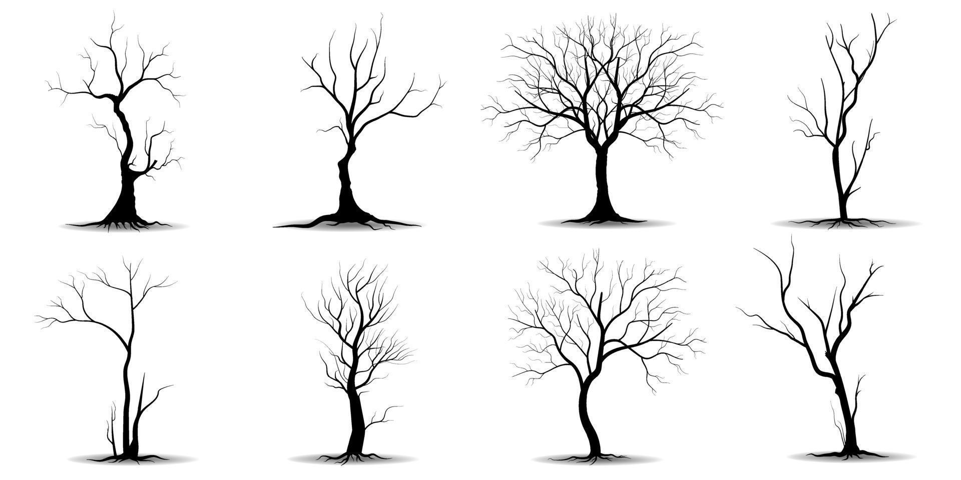 conjunto de siluetas de árbol de rama negra o árboles desnudos. ilustraciones aisladas dibujadas a mano. vector