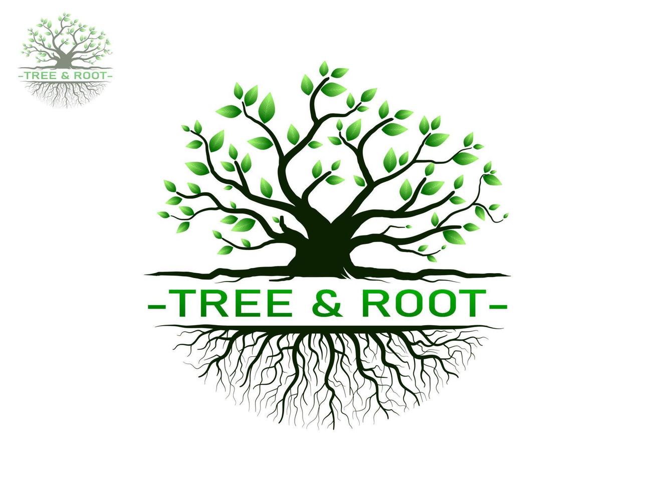 Trees and root with green leaves look beautiful and refreshing. Tree and roots LOGO style. vector