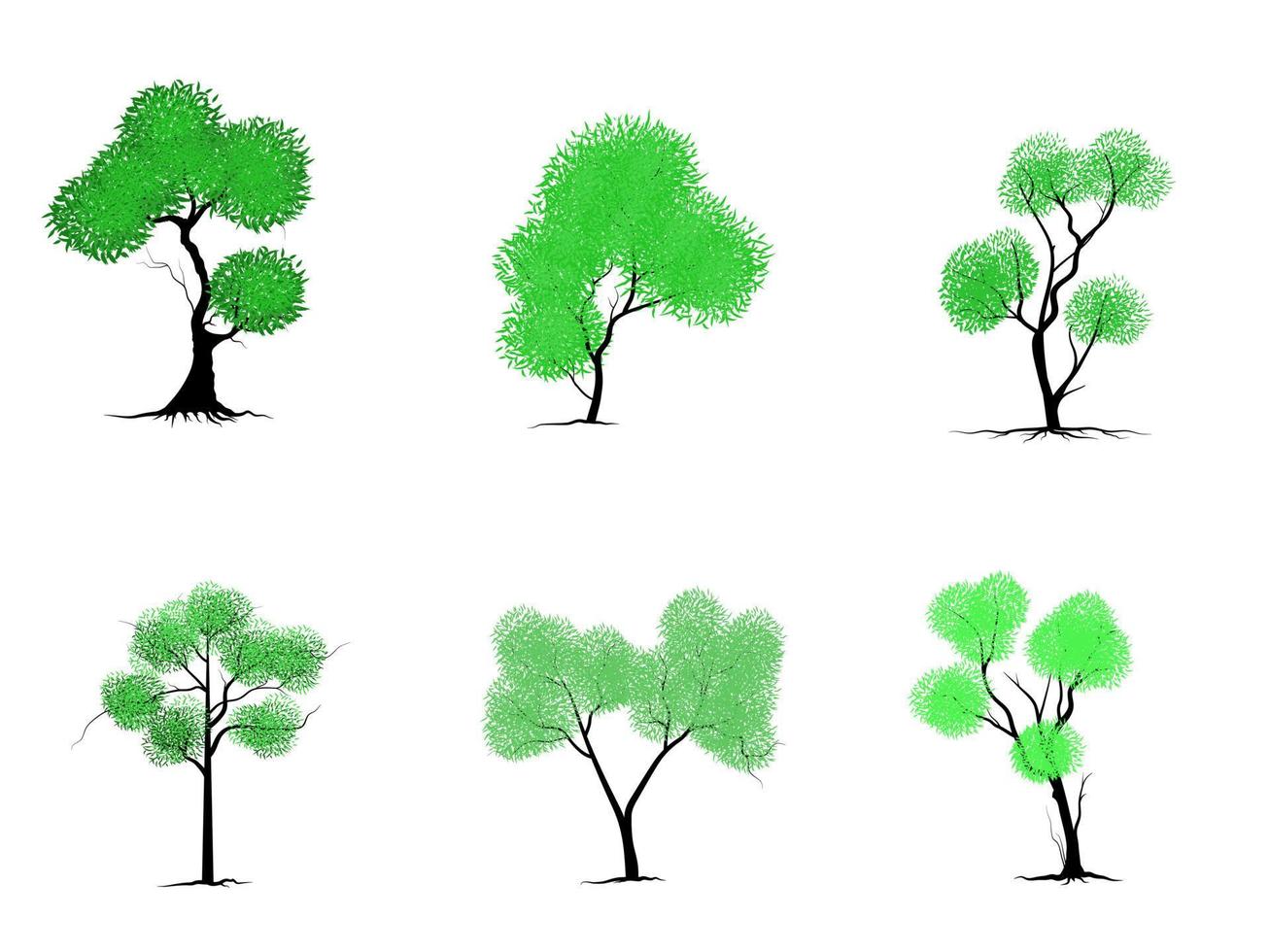 Green Branch Tree or Naked trees silhouettes set. Hand drawn isolated illustrations. vector