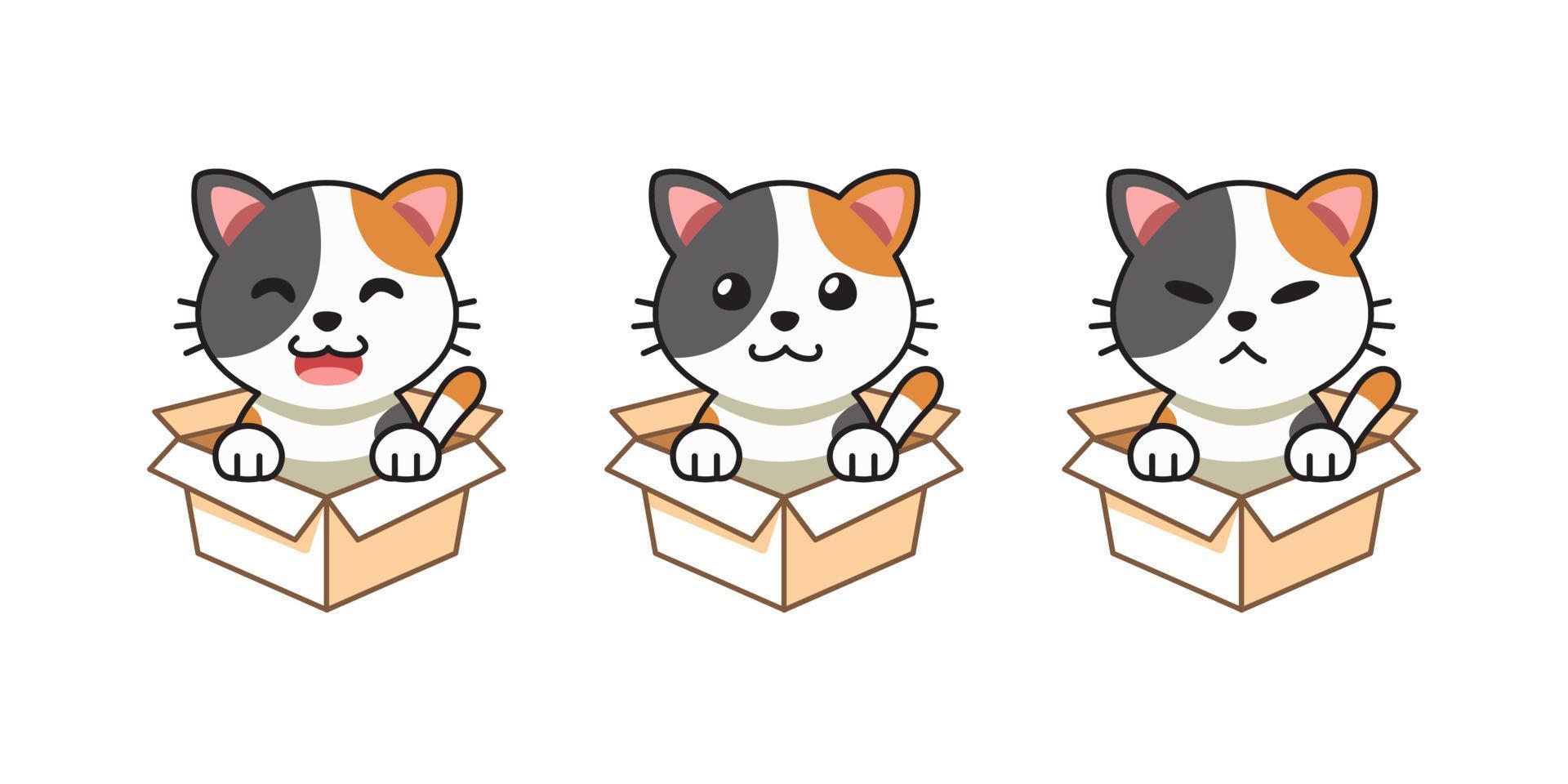 Vector cartoon illustration set of calico cat showing different emotions in cardboard boxes