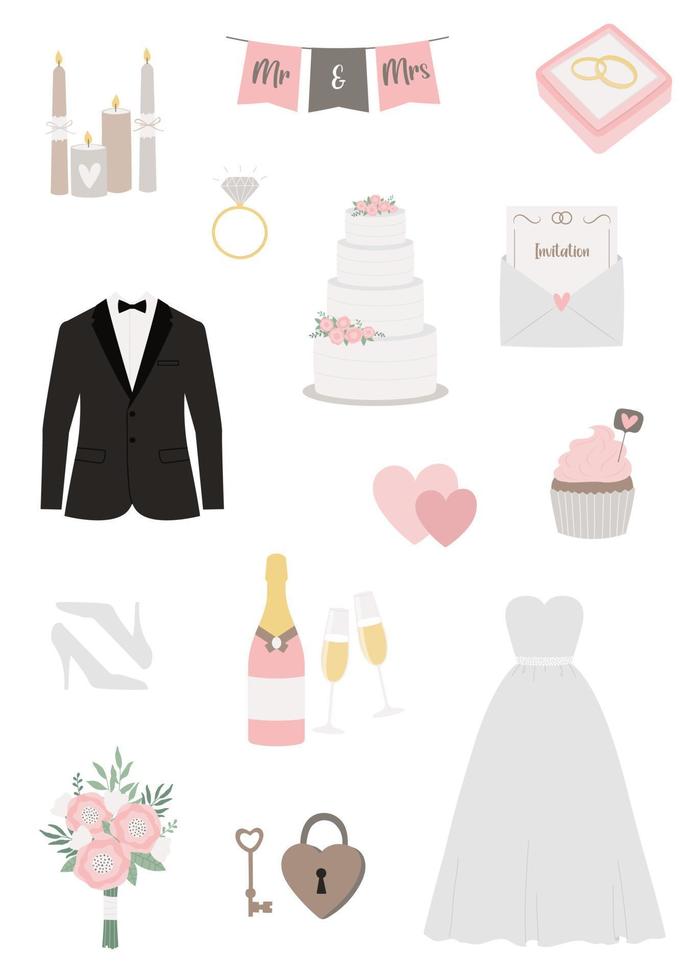Set of wedding elements. Wedding clipart for save the date invitation card, stickers and print vector