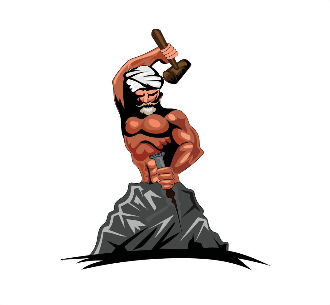 Man carving stone mascot logo vector illustration on white background