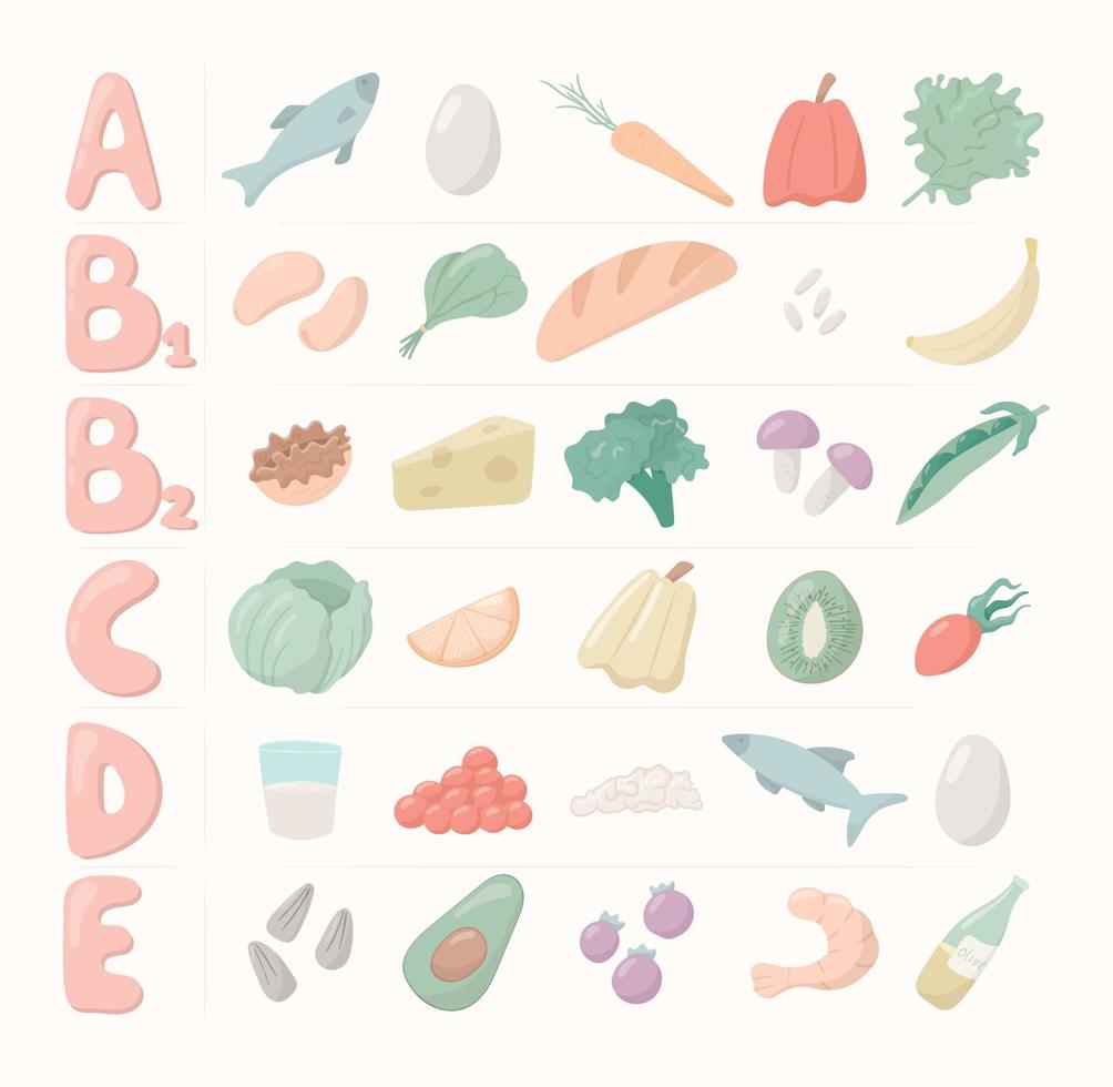 Vector cartoon illustration. Important vitamins for the human body and life A, B, C, D, E. Healthy food - vegetables, fruits and fish.